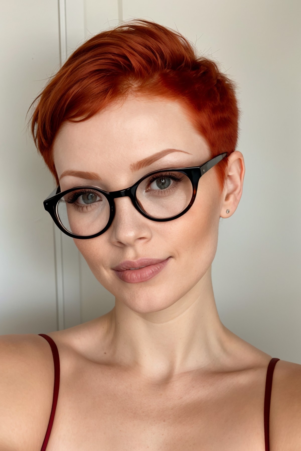 photo of a redhead  woman with black rim glasses<lora:hair_length_slider_v1:-5>